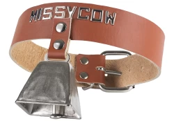Single strap collar 1.5" wide. Milk chocolate leather, no inner lining, lettering, cow bell in center.