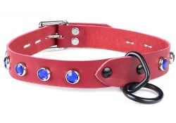 Single strap collar 1" wide. Red leather, no inner lining, black loop & dee, sapphire gems