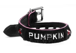 1" wide collar. Black fur outer layer, black lambskin inner lining, lettering*, ruby dome gems, silver locking buckle. * Lettering is no longer offered on collars that have fur outer layer.