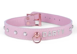 Single strap collar 1" wide. Pastel leather, pastel lambskin inner lining, rose-gold knocker, lettering and mini pearl gems, rose-gold buckle.