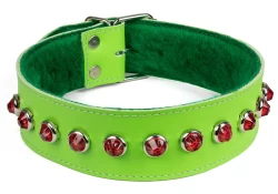 collar width: 1.75". Lime green leather, italian green fur inner lining, ruby dome gems.