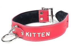 collar width: 1.5". Red leather, black fur inner lining, silver loop & dee, lettering, silver locking buckle
