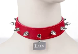 collar width: 1". Red leather, red lambskin inner lining, eyelet in center with silver rectangle custom tag attached, spikes