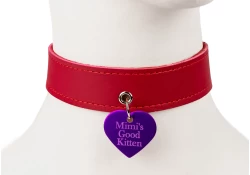 collar width: 1". Red leather, silver eyelet in center with jumbo purple heart custom tag attached