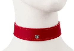 collar width: 1". Red leather, red lambskin inner lining, silver eyelet in center, brass buckle.