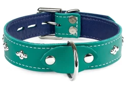 Single strap collar 1" wide. Teal leather, purple lambskin inner lining, d ring in center, diamond dots