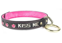 Single strap collar 1" wide. Black leather, pink fur inner lining, brass loop & dee, lettering and pink gems, snaps closure on the back.