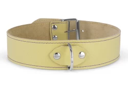 Single strap collar 1.5" wide. Sand leather (discontinued), d ring in center.
