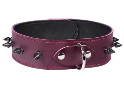 Single strap collar 1.5" wide. Chocolate raspberry leather, black lambskin inner lining, silver d ring, black spikes