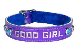 Single strap collar 1" wide. Purple metallic leather, royal blue fur inner lining, lettering, aquamarine gems