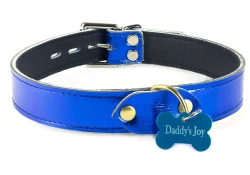 Single strap collar 1" wide. Blue metallic leather, black leather inner lining, brass d ring with jumbo blue bone custom tag attached