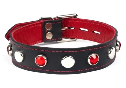 Single strap collar 1" wide. Black leather, red lambskin inner lining, alternating ruby gems and large dots.
