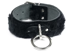 Single strap collar 1.75" wide. Black fur outer layer, no inner lining, silver loop & dee