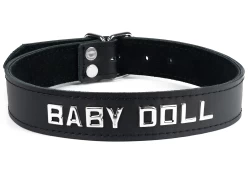 Single strap collar 1" wide. Black leather, black lambskin inner lining, lettering in center