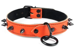 Single strap collar 1" wide. Orange leather, black suede inner lining, black loop & dee, black spikes.