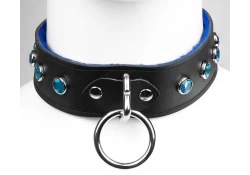 Single strap collar 1.5" wide. Black leather, royal blue fur inner lining, silver loop & dee, aquamarine gems