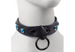 Single strap collar 1" wide. Black leather, black loop & dee, aquamarine gems.
