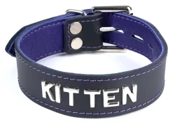 Single strap collar 1" wide. Black leather, purple lambskin inner lining, lettering, silver locking buckle
