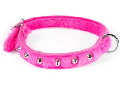 Single strap collar 1" wide. Pink fur outer layer, pink fur inner lining, d ring in center, dome studs.