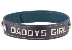 Single strap collar 1" wide. Black leather, teal lambskin inner lining, lettering in center, opal gems.