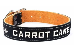 Single strap collar 1" wide. Black suede outer layer (on top of orange leather), no inner lining. lettering, diamond dots.