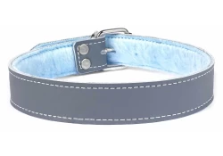 Single strap collar 1" wide. Grey leather, baby blue fur inner lining.
