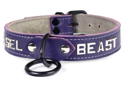 Single strap collar 1" wide. Purple lambskin outer layer, grey suede inner lining, black loop & dee, lettering, black buckle.