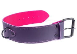 Single strap collar 1.75" wide. Midnight Purple leather, fuchsia lambskin inner lining, black d ring, black buckle.