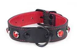 Single strap collar 1" wide. Black leather, red lambskin inner lining, black d ring, ruby gems, black buckle.