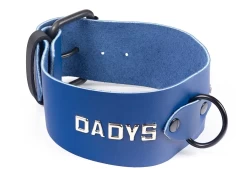Single strap collar 2.25" wide. Royal blue leather, no inner lining, black d ring, black buckle, lettering.