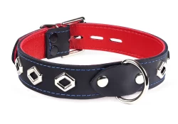 Single strap collar 1" wide. Black leather, red lambskin inner lining, d ring in center, hollow diamonds.