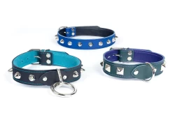 Three 1" wide collars. Back: no attachments and dome studs. Left: silver loop & dee attachment and dome studs. Right: d ring in center and pyramids.