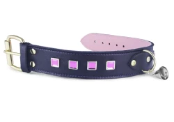 Single strap collar 1.25" wide. Black lambskin outer layer, pastel lambskin inner lining, brass d ring (with small bell), pink squares, brass buckle.