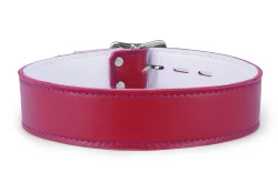 Single strap collar 1.25" wide. Red lambskin outer layer, white lambskin inner lining.