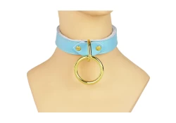 Single strap collar 1" wide. Baby blue leather, white fur inner lining, brass loop & dee attachment.