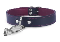 Single strap collar 1" wide. Black leather, crimson lambskin inner lining, loop & dee with small bell attached.
