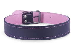 Single strap collar 1" wide. Black leather, rose lambskin inner lining, nickel-free buckle.