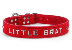 Single strap collar 1" wide. Red suede outer layer, red suede inner lining, lettering (no longer offered on collars with outer layers), ruby mini gems, reinforced d ring by buckle.