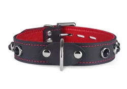 Single strap collar 1" wide. Black leather, red lambskin inner lining, d ring, onyx dome gems, locking buckle.