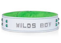 Single strap collar 1.75" wide, white leather, lime green fur inner lining, lettering, 2 rows of emerald mini gems.
