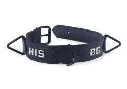 Single strap collar 1" wide. Black leather, black lambskin inner lining, 3 black triangles, black buckle, lettering (upon special request, normally no lettering is offered is 3 attachments are present).