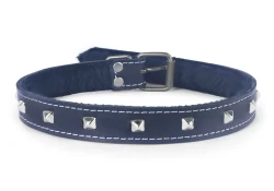 Single strap collar 0.75" wide. Black leather, black fur inner lining, mini pyramids, nickel-free buckle.