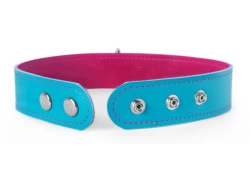 Single strap collar 1.25" wide. Baby blue leather, fuchsia lambskin inner lining, silver snaps on the back.