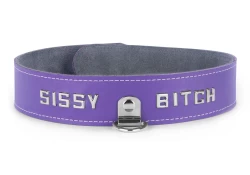Single strap collar 1.25" wide. Iris leather, grey suede inner lining, d ring with clamp, lettering.