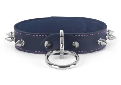 Single strap collar 1" wide. Black leather, black suede inner lining, silver loop & dee, spikes, snaps closure (on the back).