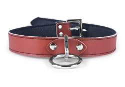 Single strap collar 1" wide. Milk chocolate leather, black lambskin inner lining, silver loop & dee, locking buckle.