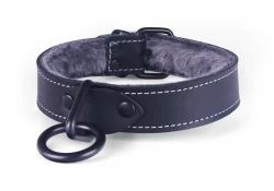 Single strap collar 1" wide. Black leather, graphite fur inner lining, black loop & dee.