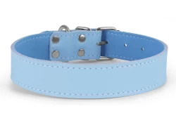 Single strap collar 1" wide. Baby blue leather, baby blue lambskin inner lining. D ring by buckle.
