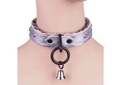 Single strap collar 1" wide. Silver metallic leather, baby leopard fur inner lining, black loop & dee (with small bell attached), lilac mini gems, black locking buckle.