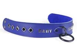 Single strap collar 1.75" wide. Royal blue leather, royal blue fur inner lining, black loop & dee, lettering, onyx diamond gems, nickel-free snaps on the back.